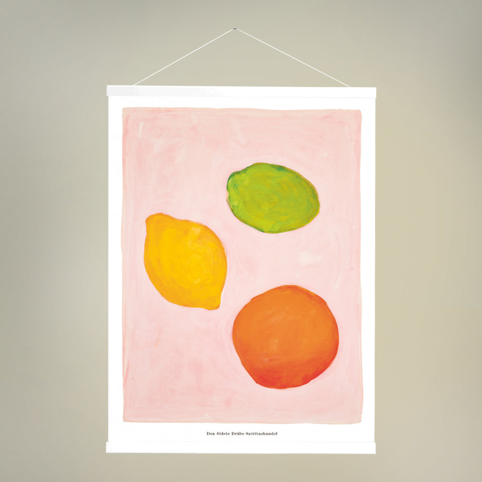 Plakat og ramme - Tre citrusfrugter på lyserød sky - 50x70