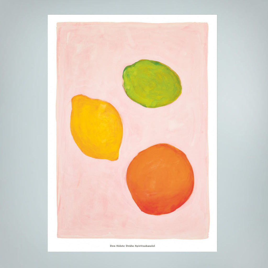Tre citrusfrugter på lyserød - lille plakat (A3)