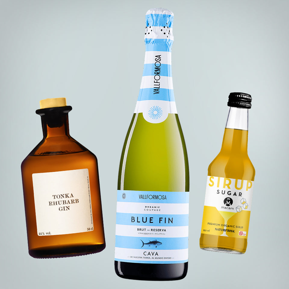 French 75-pakken (Tonka Rhubarb Gin, Cava Blue Fin og sirup)