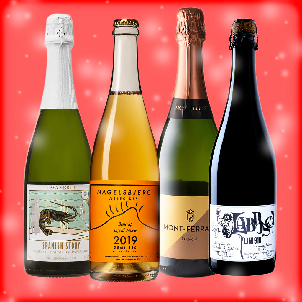 Boblende jul - Adventskalender - fire flasker bobler (Lini Hvid, Spanish Story, Nagelsbjerg og Mont Ferrand)