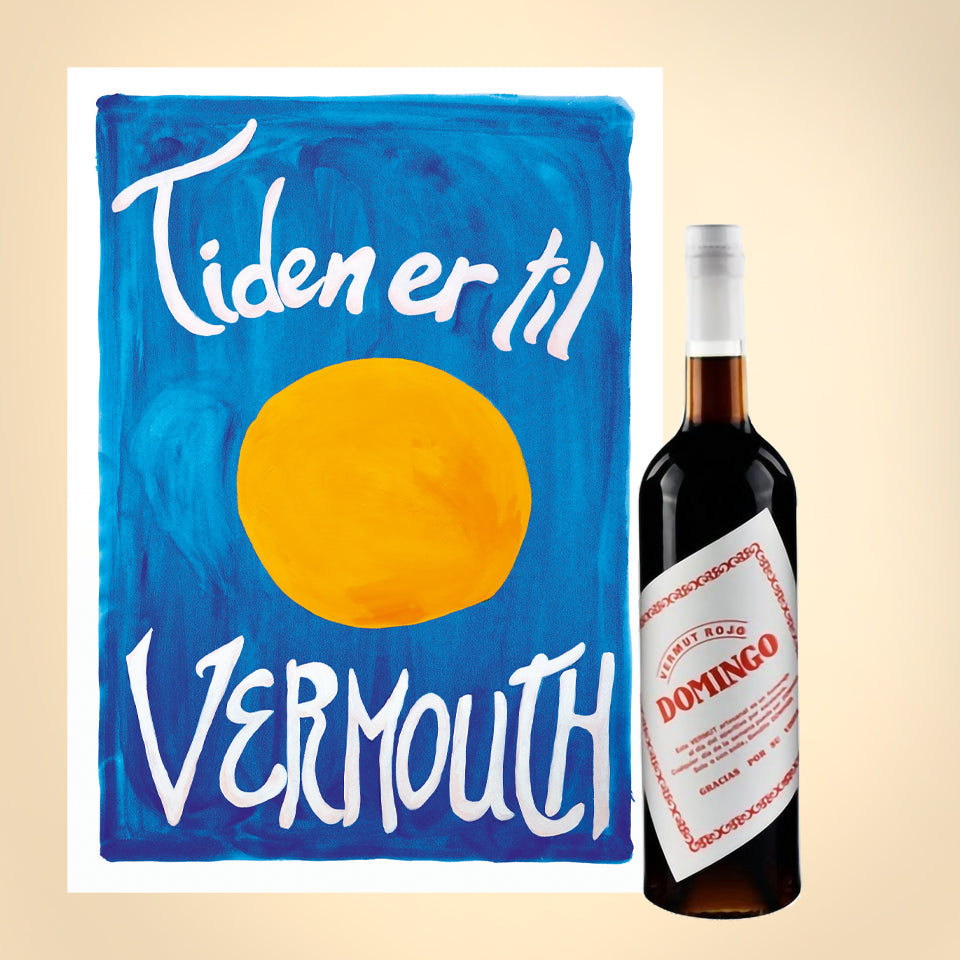 Plakat og flaske - Tiden er til vermouth (appelsin) og Domingo Vermut